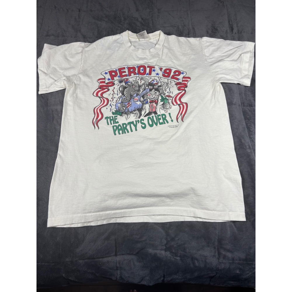 Vintage Perot 92 The Partys Over T-Shirt White Murina USA Single Stitch Largeā